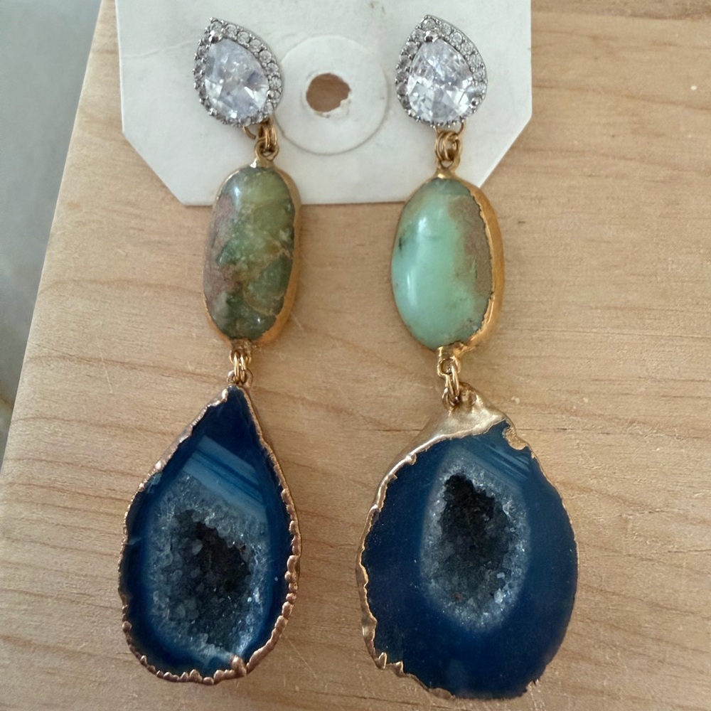 Gold-Tone Blue Geode & Green Stone Drop Earrings